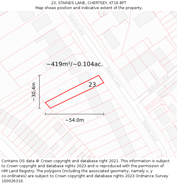 23, STAINES LANE, CHERTSEY, KT16 8PT: Plot and title map