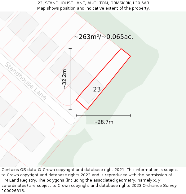 23, STANDHOUSE LANE, AUGHTON, ORMSKIRK, L39 5AR: Plot and title map