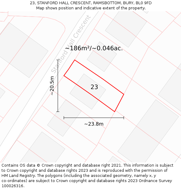23, STANFORD HALL CRESCENT, RAMSBOTTOM, BURY, BL0 9FD: Plot and title map
