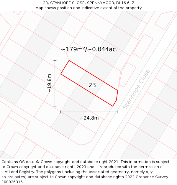 23, STANHOPE CLOSE, SPENNYMOOR, DL16 6LZ: Plot and title map