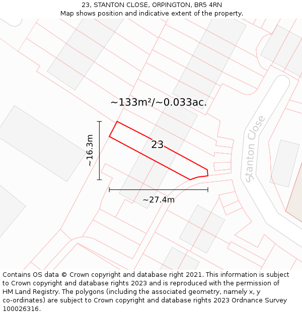 23, STANTON CLOSE, ORPINGTON, BR5 4RN: Plot and title map