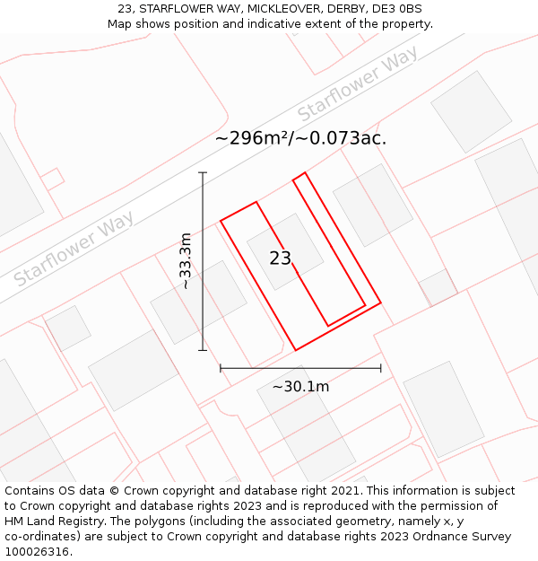 23, STARFLOWER WAY, MICKLEOVER, DERBY, DE3 0BS: Plot and title map