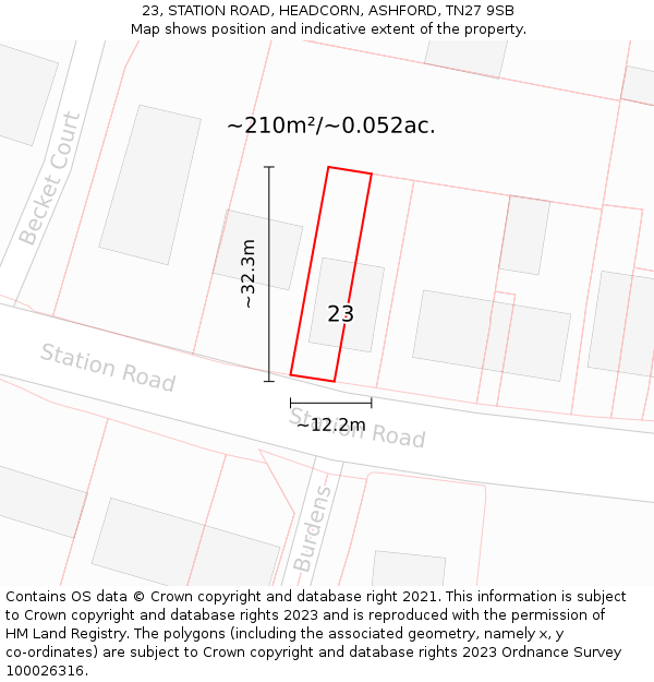 23, STATION ROAD, HEADCORN, ASHFORD, TN27 9SB: Plot and title map