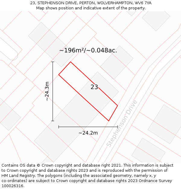 23, STEPHENSON DRIVE, PERTON, WOLVERHAMPTON, WV6 7YA: Plot and title map