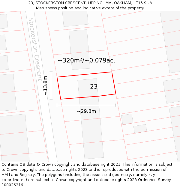 23, STOCKERSTON CRESCENT, UPPINGHAM, OAKHAM, LE15 9UA: Plot and title map