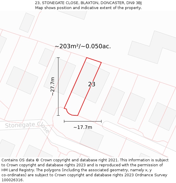23, STONEGATE CLOSE, BLAXTON, DONCASTER, DN9 3BJ: Plot and title map