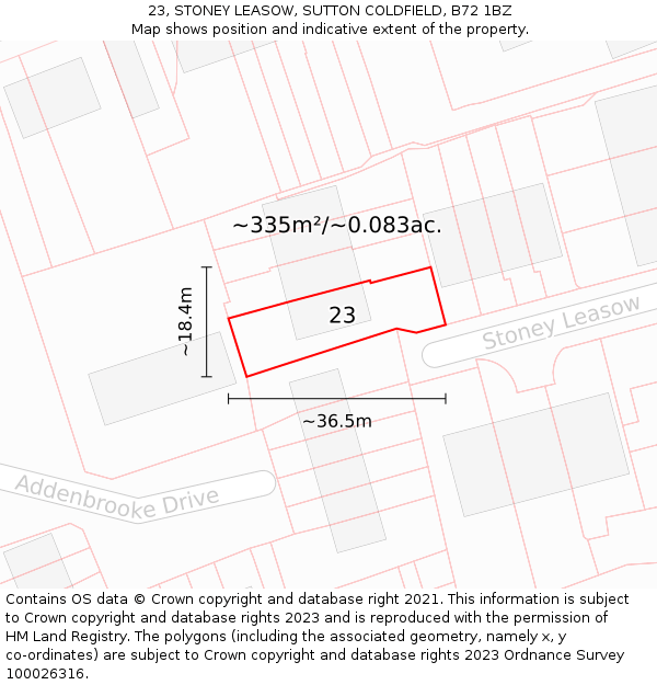 23, STONEY LEASOW, SUTTON COLDFIELD, B72 1BZ: Plot and title map