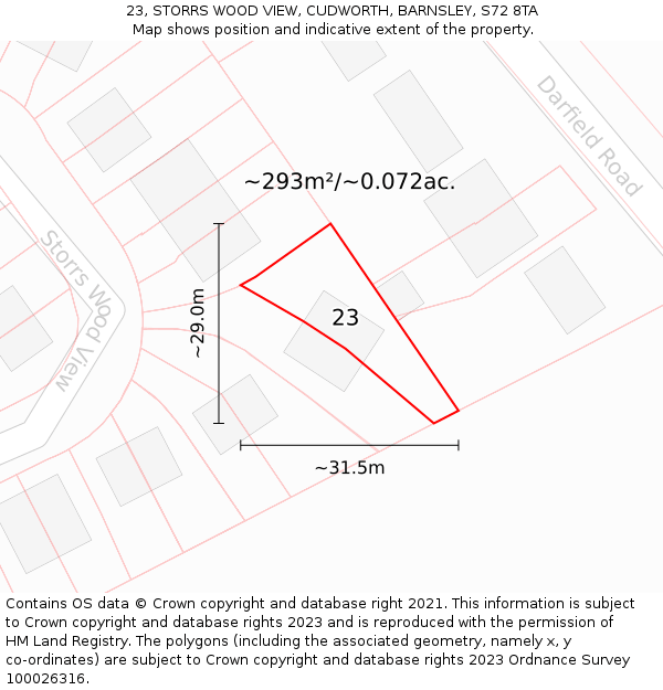 23, STORRS WOOD VIEW, CUDWORTH, BARNSLEY, S72 8TA: Plot and title map