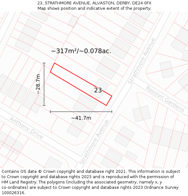 23, STRATHMORE AVENUE, ALVASTON, DERBY, DE24 0FX: Plot and title map