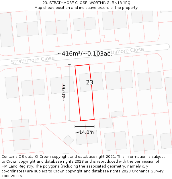 23, STRATHMORE CLOSE, WORTHING, BN13 1PQ: Plot and title map
