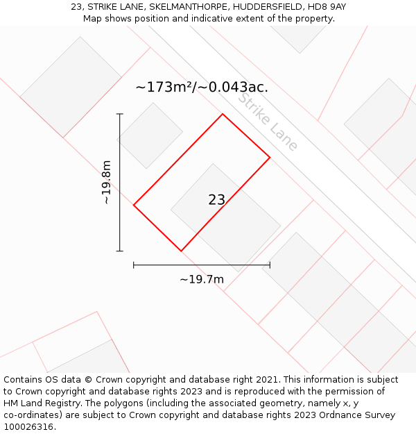 23, STRIKE LANE, SKELMANTHORPE, HUDDERSFIELD, HD8 9AY: Plot and title map