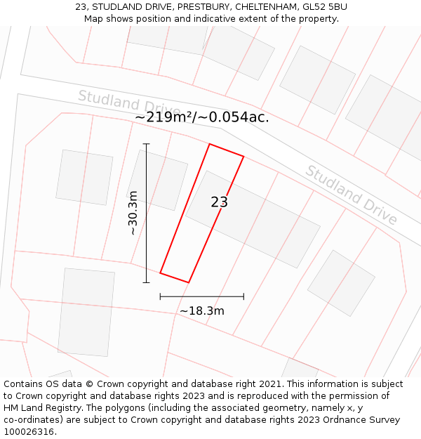 23, STUDLAND DRIVE, PRESTBURY, CHELTENHAM, GL52 5BU: Plot and title map