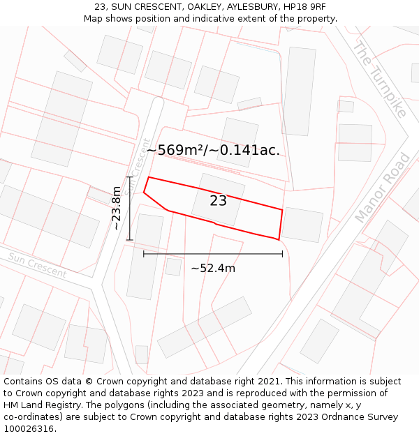 23, SUN CRESCENT, OAKLEY, AYLESBURY, HP18 9RF: Plot and title map