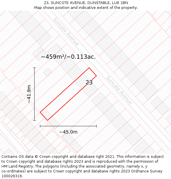 23, SUNCOTE AVENUE, DUNSTABLE, LU6 1BN: Plot and title map