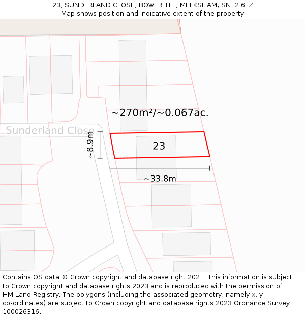 23, SUNDERLAND CLOSE, BOWERHILL, MELKSHAM, SN12 6TZ: Plot and title map