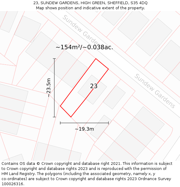 23, SUNDEW GARDENS, HIGH GREEN, SHEFFIELD, S35 4DQ: Plot and title map