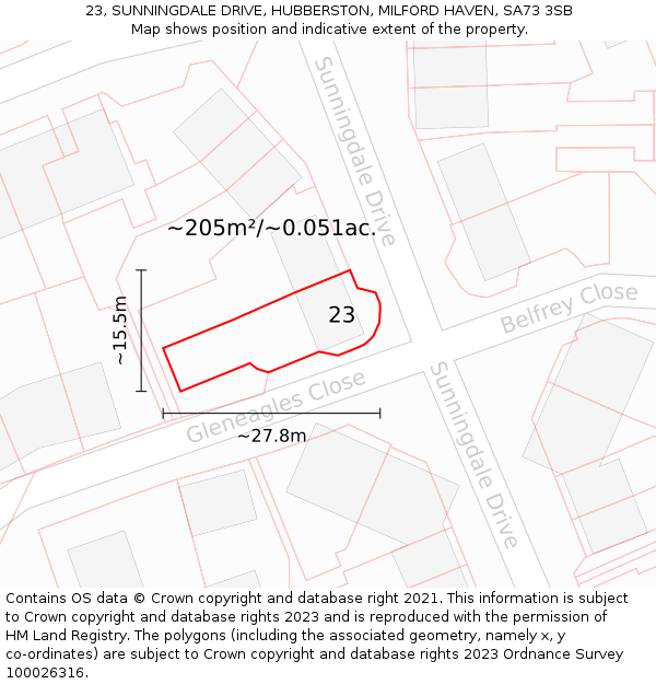 23, SUNNINGDALE DRIVE, HUBBERSTON, MILFORD HAVEN, SA73 3SB: Plot and title map