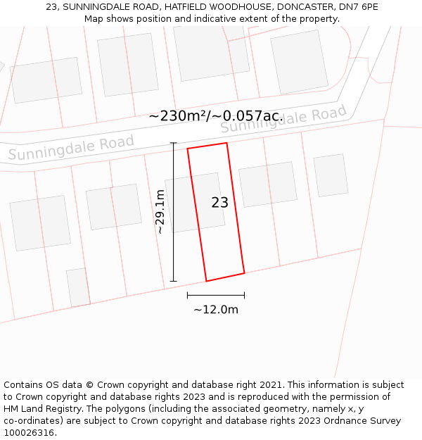 23, SUNNINGDALE ROAD, HATFIELD WOODHOUSE, DONCASTER, DN7 6PE: Plot and title map