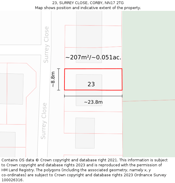 23, SURREY CLOSE, CORBY, NN17 2TG: Plot and title map