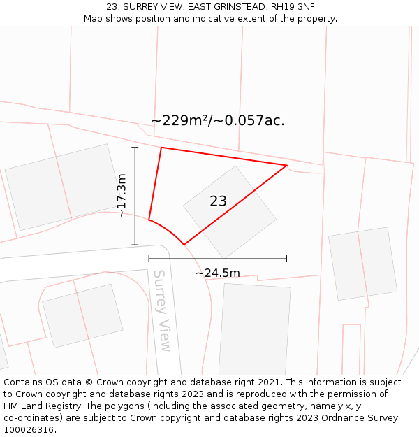 23, SURREY VIEW, EAST GRINSTEAD, RH19 3NF: Plot and title map