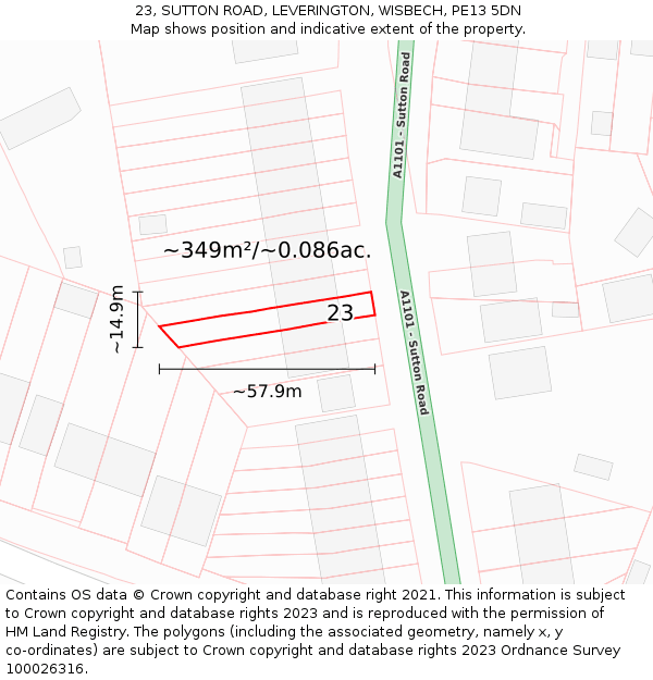 23, SUTTON ROAD, LEVERINGTON, WISBECH, PE13 5DN: Plot and title map