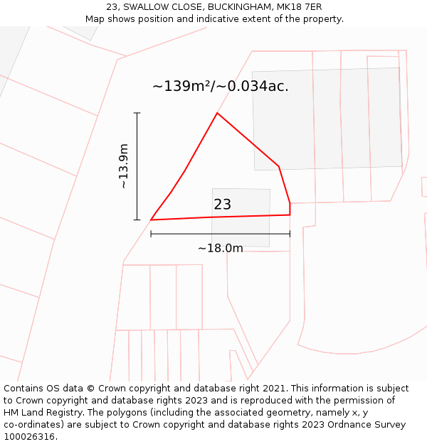 23, SWALLOW CLOSE, BUCKINGHAM, MK18 7ER: Plot and title map