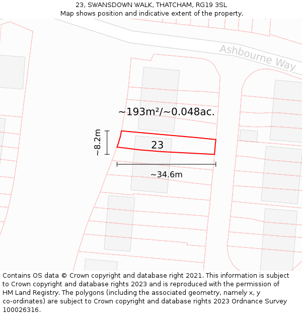 23, SWANSDOWN WALK, THATCHAM, RG19 3SL: Plot and title map