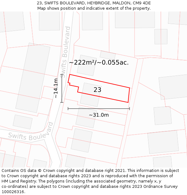 23, SWIFTS BOULEVARD, HEYBRIDGE, MALDON, CM9 4DE: Plot and title map