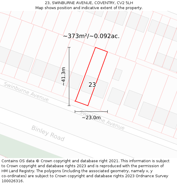23, SWINBURNE AVENUE, COVENTRY, CV2 5LH: Plot and title map