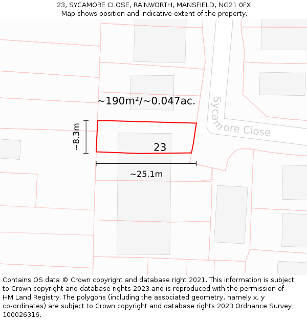 23, SYCAMORE CLOSE, RAINWORTH, MANSFIELD, NG21 0FX: Plot and title map