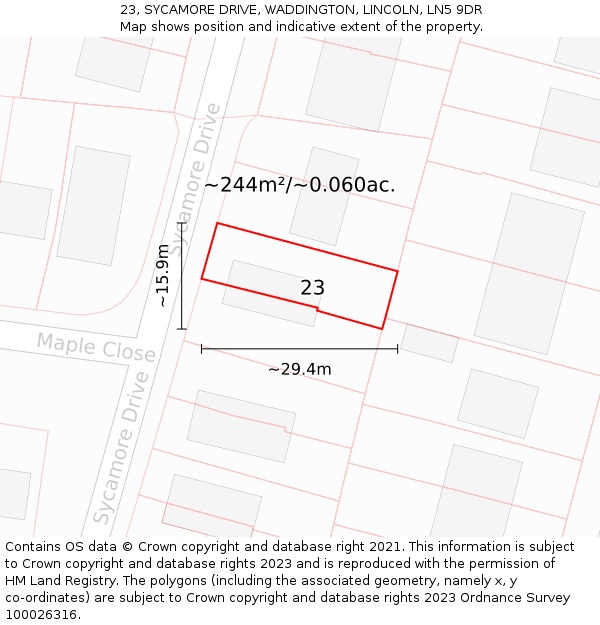 23, SYCAMORE DRIVE, WADDINGTON, LINCOLN, LN5 9DR: Plot and title map
