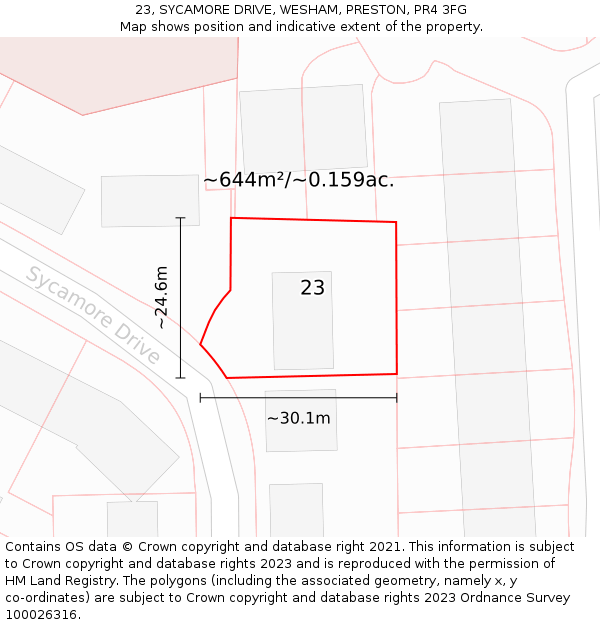 23, SYCAMORE DRIVE, WESHAM, PRESTON, PR4 3FG: Plot and title map