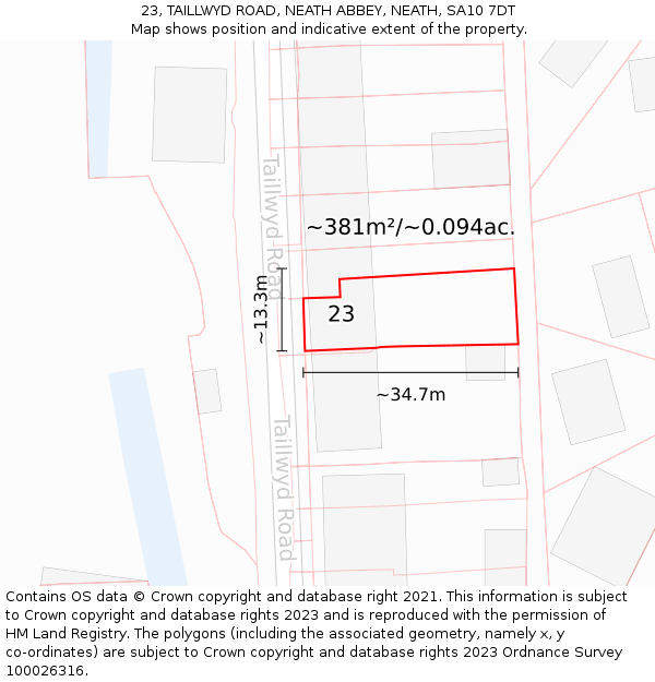 23, TAILLWYD ROAD, NEATH ABBEY, NEATH, SA10 7DT: Plot and title map