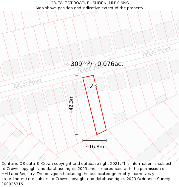 23, TALBOT ROAD, RUSHDEN, NN10 9NS: Plot and title map