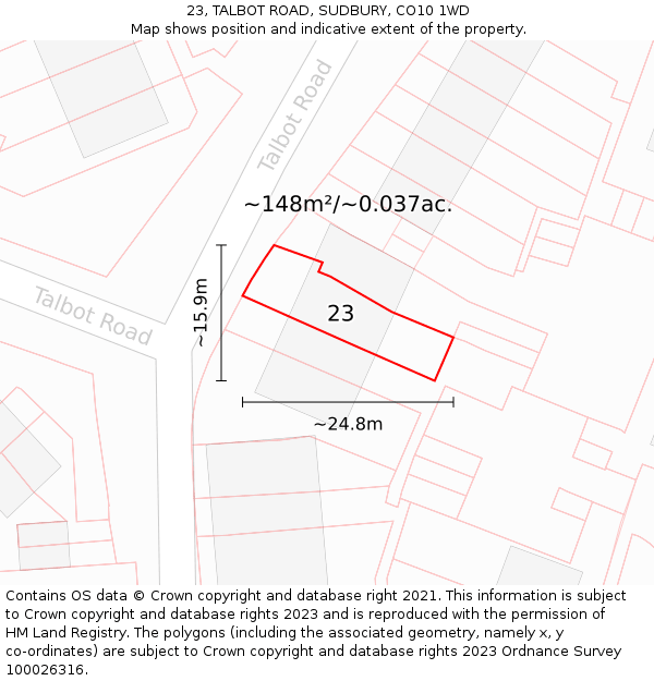 23, TALBOT ROAD, SUDBURY, CO10 1WD: Plot and title map