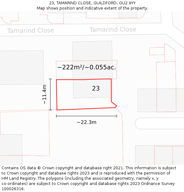 23, TAMARIND CLOSE, GUILDFORD, GU2 9YY: Plot and title map