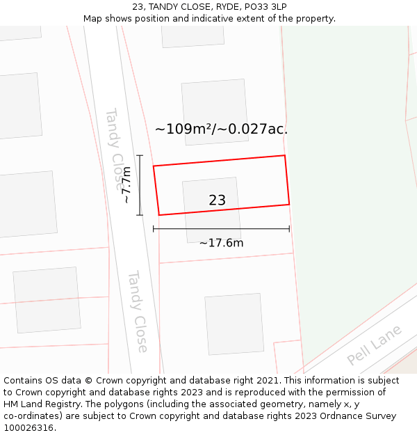 23, TANDY CLOSE, RYDE, PO33 3LP: Plot and title map