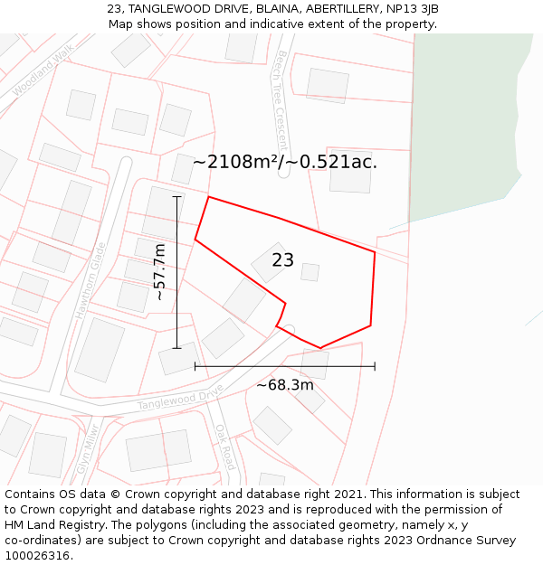 23, TANGLEWOOD DRIVE, BLAINA, ABERTILLERY, NP13 3JB: Plot and title map