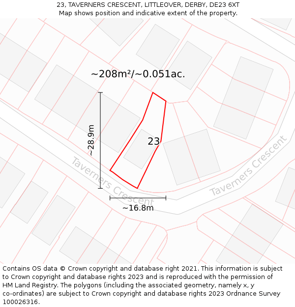 23, TAVERNERS CRESCENT, LITTLEOVER, DERBY, DE23 6XT: Plot and title map