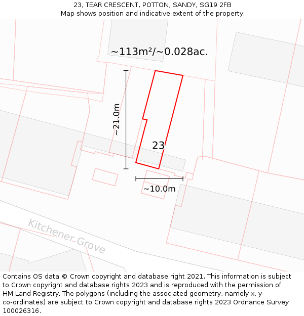 23, TEAR CRESCENT, POTTON, SANDY, SG19 2FB: Plot and title map