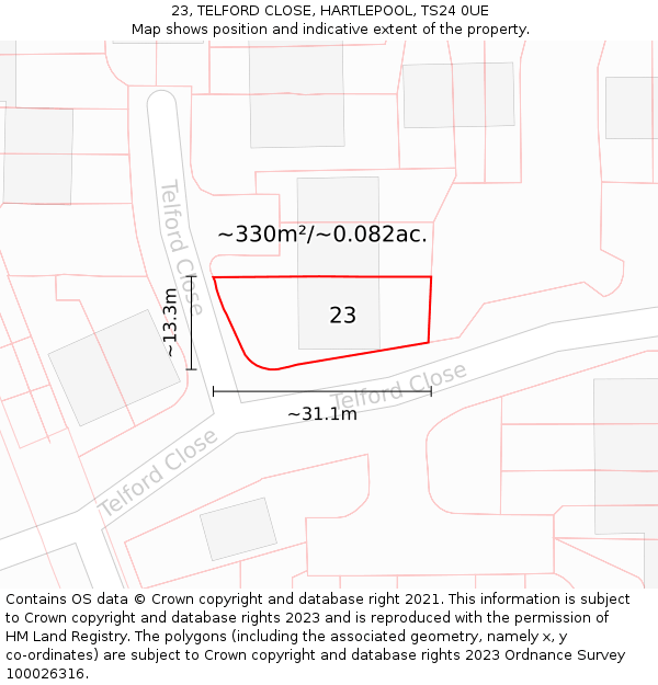 23, TELFORD CLOSE, HARTLEPOOL, TS24 0UE: Plot and title map