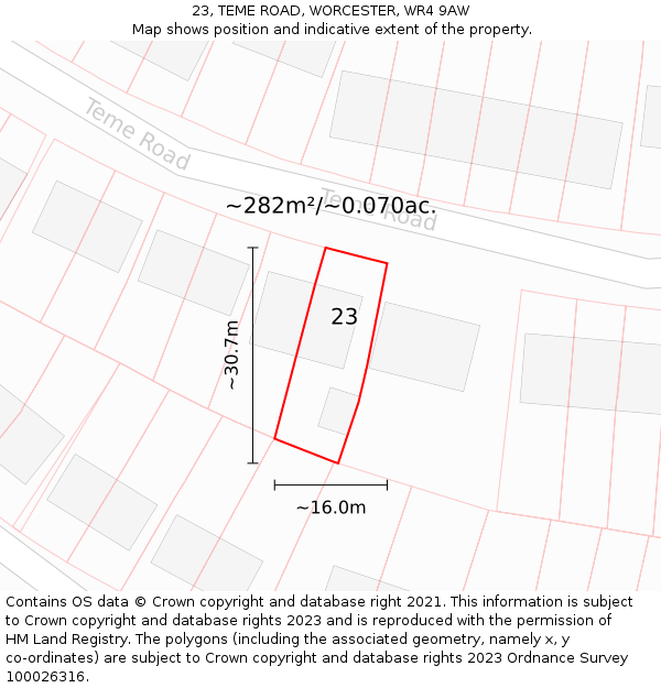 23, TEME ROAD, WORCESTER, WR4 9AW: Plot and title map