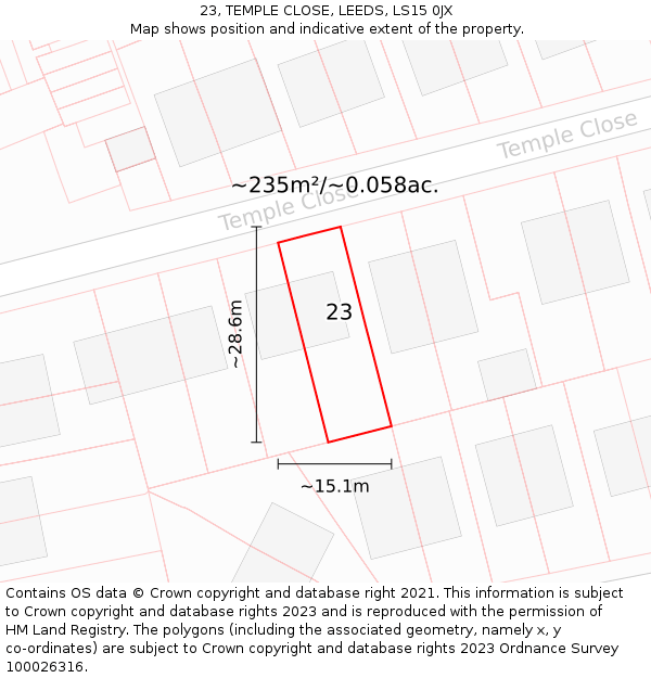 23, TEMPLE CLOSE, LEEDS, LS15 0JX: Plot and title map