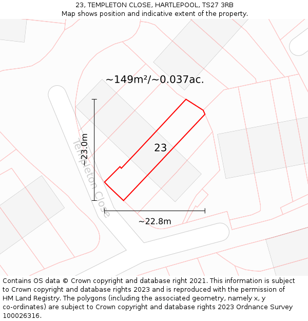 23, TEMPLETON CLOSE, HARTLEPOOL, TS27 3RB: Plot and title map