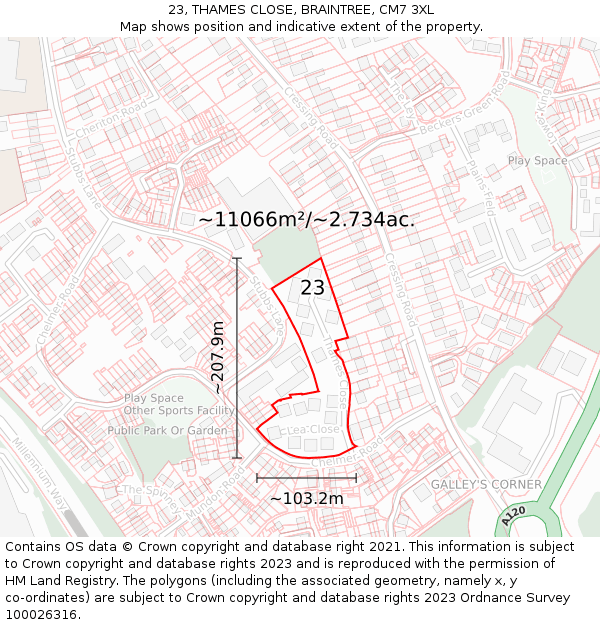 23, THAMES CLOSE, BRAINTREE, CM7 3XL: Plot and title map