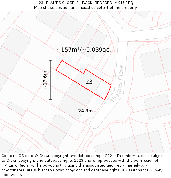 23, THAMES CLOSE, FLITWICK, BEDFORD, MK45 1EQ: Plot and title map