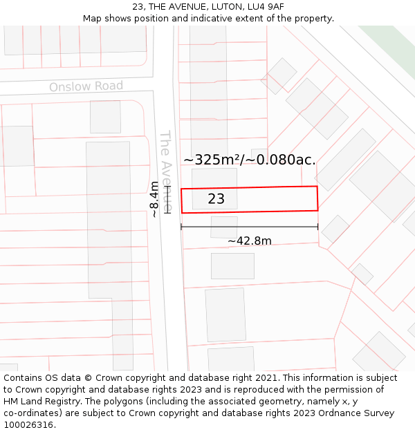 23, THE AVENUE, LUTON, LU4 9AF: Plot and title map