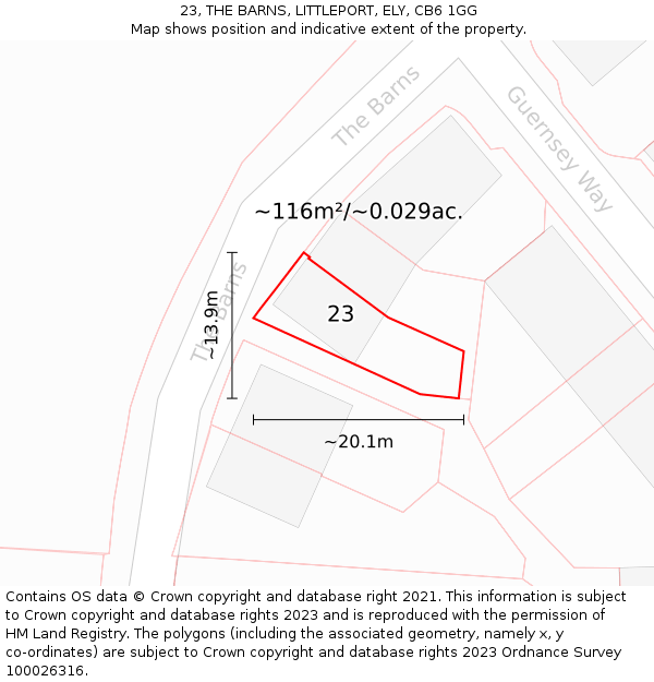 23, THE BARNS, LITTLEPORT, ELY, CB6 1GG: Plot and title map