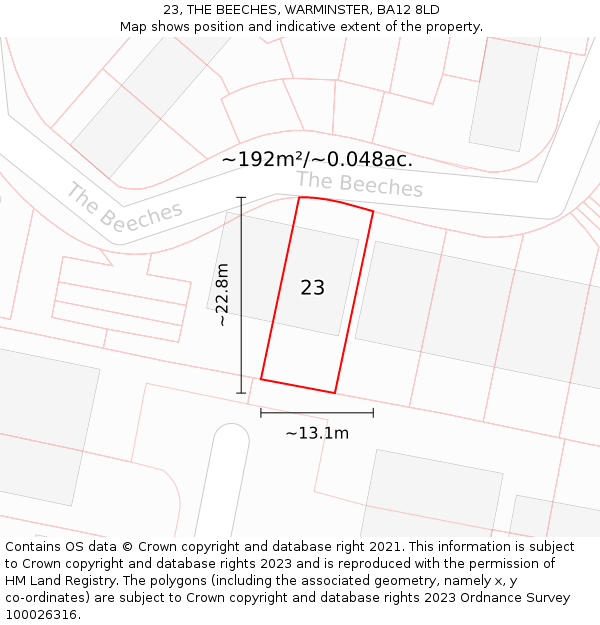 23, THE BEECHES, WARMINSTER, BA12 8LD: Plot and title map