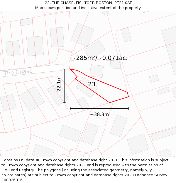 23, THE CHASE, FISHTOFT, BOSTON, PE21 0AT: Plot and title map